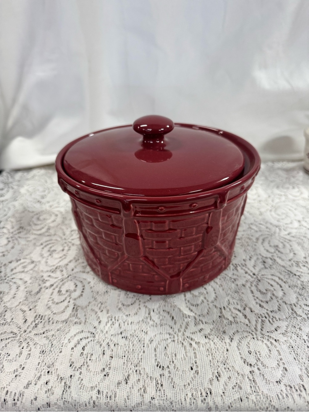 Longaberger Pottery Woven Traditions Drum Crock With Lid Paprika Red
